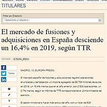 El mercado de fusiones y adquisiciones en Espaa desciende un 16,4% en 2019, segn TTR